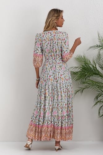 Image of Women Short Sleeve V Neck Floral Print Casual Bohemian Maxi Dresses