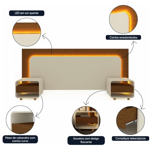 Cabeceira com LED e Mesa de Cabeceira 140/160/195 Innova Castanho Off White - Gelius