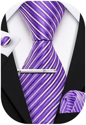 Barry.Wang Men Ties Stripe Check Silk Necktie Pocket Sqaure Cufflink Tie-Clip 4PCS Set Classic Business Wedding Necktie