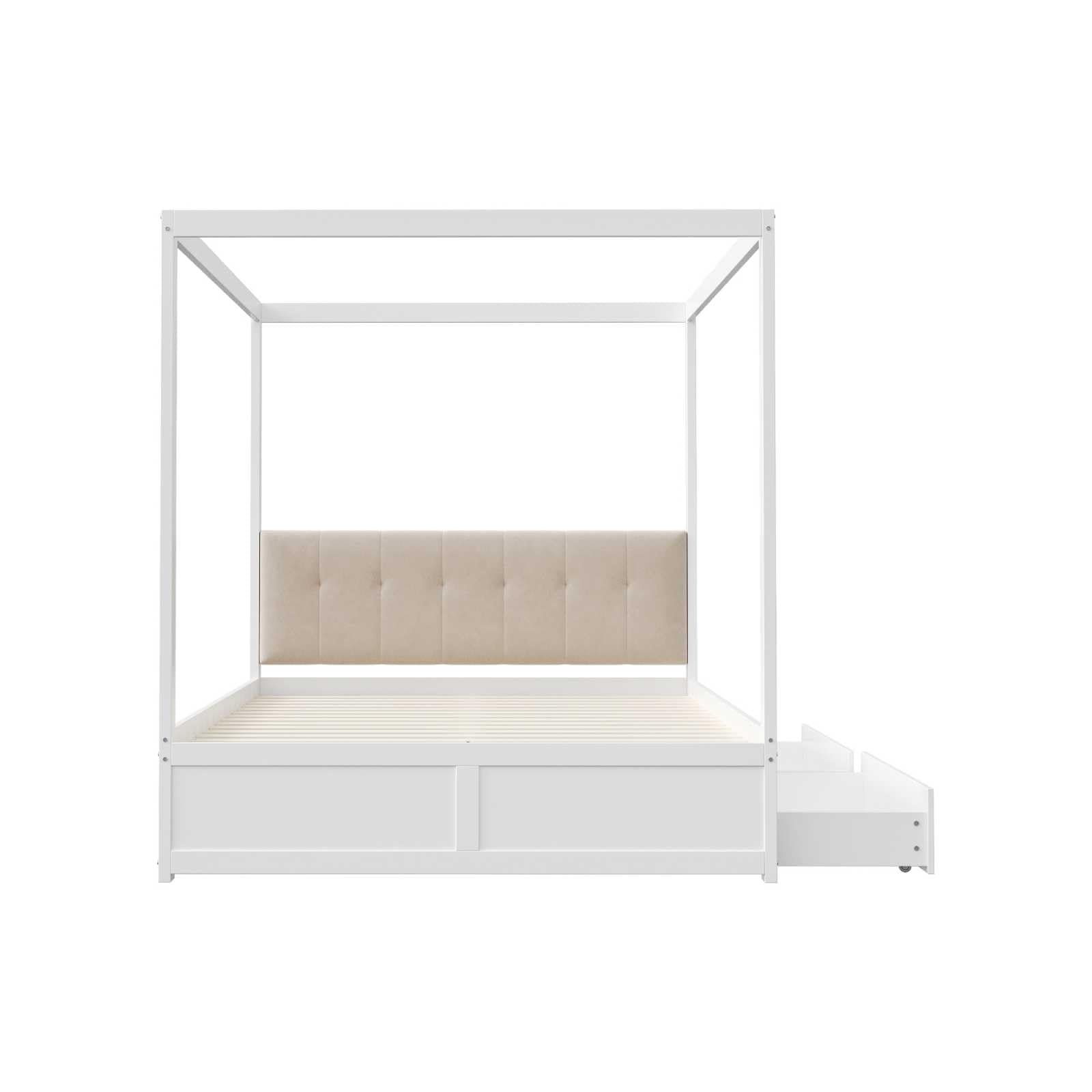 YEHTOKHOME Lit à baldaquin 140x200cm,lit Multifonctionnel avec Deux tiroirs,lit en Bois avec Dossier rembourré,lit Double avec sommier à Lattes(sans Matelas) (Blanc)