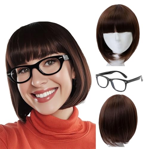 FOUNSHO Peruca curta reta bob com franjas para mulher, 14 polegadas/35 cm castanho perucas de cabelo mulheres com pretos óculos, sintético laço curto perucas para o Halloween disfarces cosplay