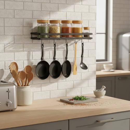 Image of Wall Mounted Spice Rack Organizer Hanging Spice Seasoning Rack bathroom Shelf Holder with 5 utensils hanging hooks Organizer Storage for Kitchen Cabinet (set of 1)