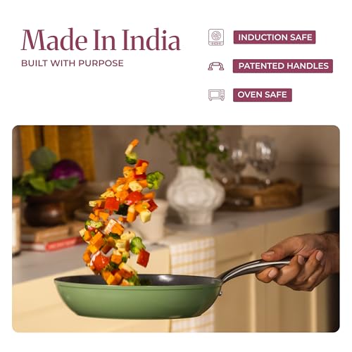 Image of Asai Ceramic Pan for Cooking 24cm Swiss Non-Stick Frying Pan with Lid | Green | Lab-Tested | 100% Toxin Free | No PFAS, PFOA, PTFE | Superior Swiss Ceramic | Induction Safe │ ISI & FDA Approved