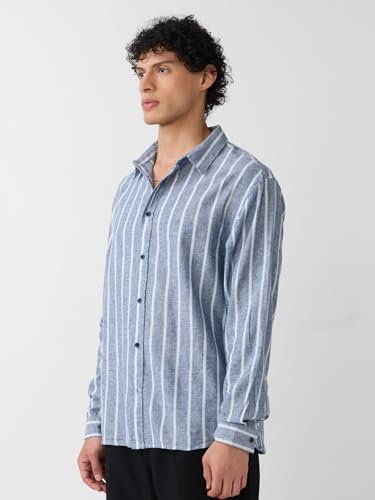 Image of The Souled Store Cotton Linen Stripes: Apricot Men and Boys Long Sleeves Collared Neck Orange Stripes Regular Fit Lightweight Comfortable Summer Cotton Linen Shirts