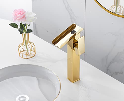 Bathroom Vessel Faucet Gold Waterfall Open Spout Basin Faucet Led Color Changing By Temperature For Bowl Sink With 1Hole Right Handle Without Overflow Pop Up Drain Stopper Supply Hoses Lavatory Basin #TOP4