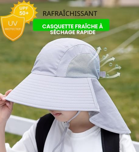 Enfants Chapeau de Soleil avec Large Bord 5-13 ans Fille Garçon Chapeau de Cou Protection Anti-UV Chapeau Bonnet UPF50+ Eté Casquette de Visière Respirant Séchage Rapide Chapeau de Plage Cyclisme – vue 2