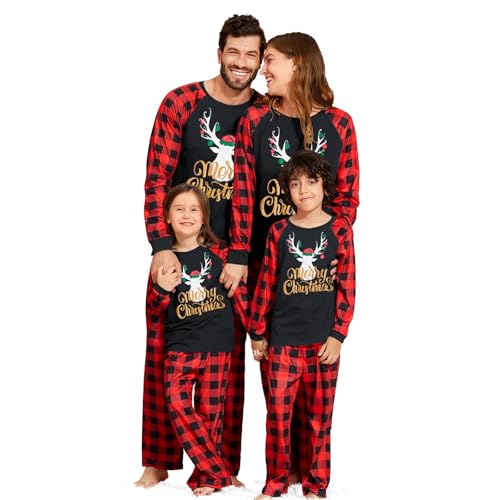 IFFEI Christmas Pyjamas Matching Family Pajamas Sets Xmas Pjs Letter Print Tops and Plaid Pants Sleepwear Nightwear for Women Men Kids Baby Pet Men M