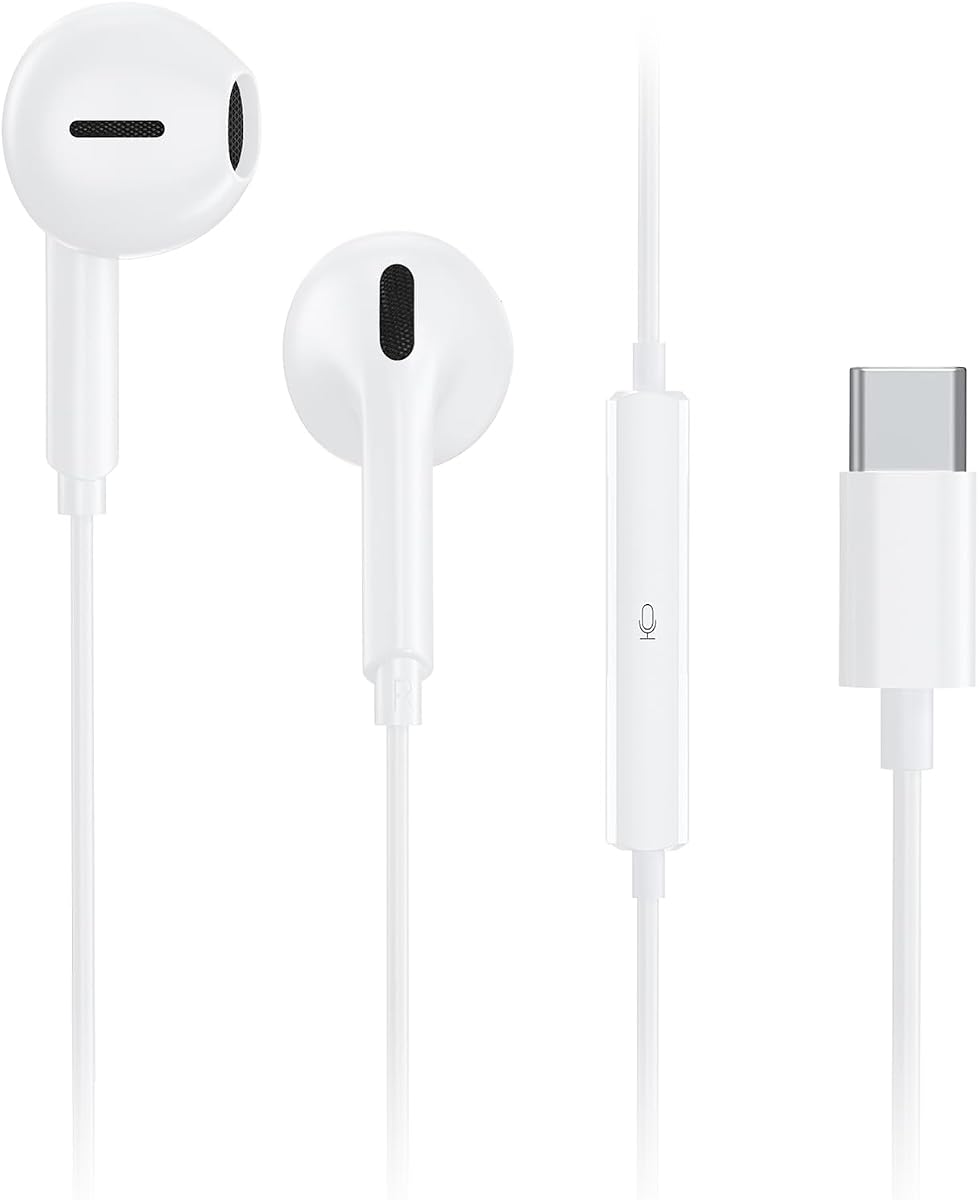 USB C Wired Earbuds for iPhone 17/16/15 Pro Max Plus Air iPad & USB-C Headphones for Samsung Galaxy S26/S25/S24/S23 Ultra A55 A54, Type-C Earphones with Microphone,1 Years Warranty (White)