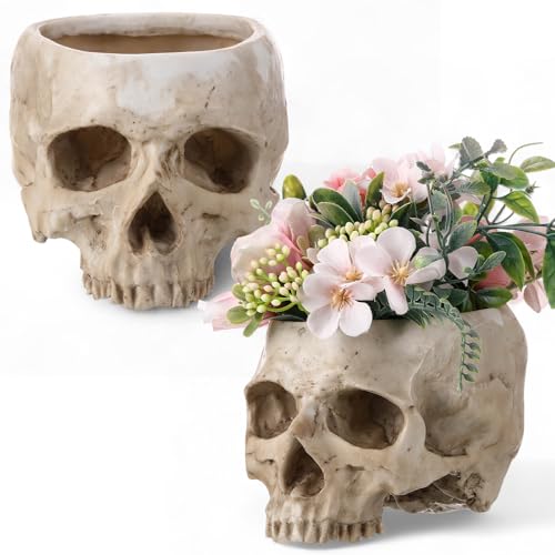 Acellegic 2 Pack Halloween Skull Planter, Beige, Vintage