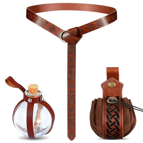Sintege Set de Traje de Nigromante de Halloween 250 ml Botella de Poción Mágica con Hebilla de Cinturón Riñonera Medieval Cinturón Medieval Accesorio para Disfraz Bruja Pirata Vikingo (Marrón)
