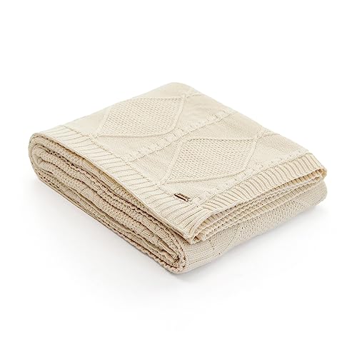Image of Pluchi Cable Moss Cotton Knitted All Season AC Throw Blanket (125cm X 150cm) (Natural)