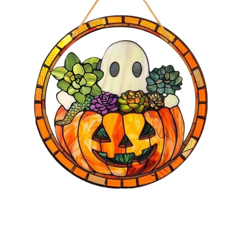 Halloween-Kürbis Sonnenfänger, Hängende Fensterdeko Buntglas Deko, für Fenster, Terrasse, Wand, Haus, Büros und Garten(A)