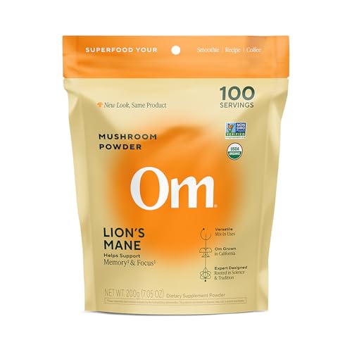 Om Lion’s Mane Mushroom Powder - Organic Mushroom Supplement and Nootropic - Support Memory, Focus and Nerve Health, 7.05 oz (100 Servings)​