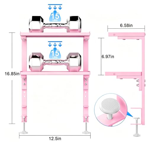 Image of 2-Tier Desk Shelf, Expandable Under Desk Storage, Clamp on Desk Shelf, Desktop Accessories for Offices, Study Rooms, and Game Rooms (Pink)