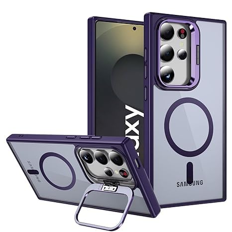 Image of Elzzi Compatible for Samsung S25 Ultra 5G Case, with Wireless Charging, (Not Compatible with Magsafe) Protective Case, Built-in Stash Stand Phone Case, Scratch-Resistant Back Cover, | Deep Purple