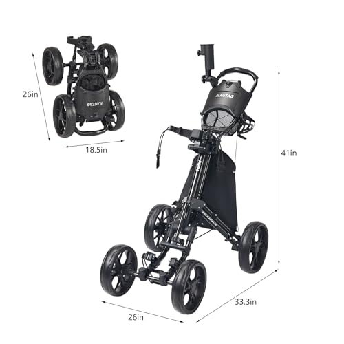 Image of Golf Push Cart 4-Wheels,Folding Golf Cart, Golf Pull cart with Cup Holder,Umbrella Holder,Cooler Bag, Foldable with one-Click,Handle Height Adjustable,Drink Holder,Walking Push cart