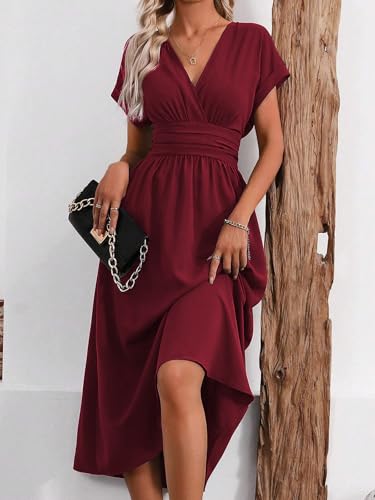 LIAMERHE Vestido Verano Manga Corta Mujer Casual Vestidos Largos Cuello en V Elegante Plisado Vestido Línea A Vestido Largo para Fiesta en Playa Burdeos M - imagen 3