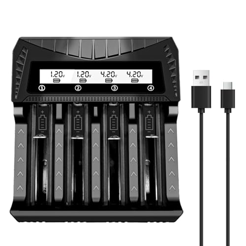 18650 Battery Charger, WAVYPO 4 Bays Smart Universal Charger with LCD Display for Rechargeable Batteries 21700 Li-ion LiFePO4 IMR AA AAA Ni-MH Ni-Cd