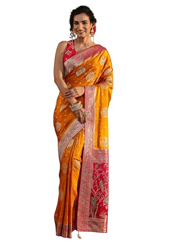 Image of Libas Art Woven Design Satin Saree for Women With Unstitched Blouse Piece | Traditional Saree for Party & Wedding