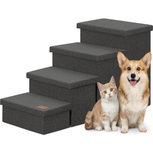Image of Zerbuger Dog Stairs with Storage, Dark Grey 4 Steps Dog Ramp no Condo | 23 inch H Wider Dog Steps for High Beds Couch, Folding Storage Pet Stairs Gift for Climbing Small /Medium /Large Old Dogs Cats