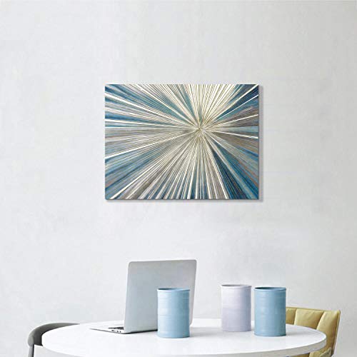 Artistic Path Abstract Painting Artwork Picture Canvas: Gray & Blue Art With Gold Foil Painted Contemporary Rays Wall Art On Canvas (24" W X 18" H,Multi-Sized) #TOP4