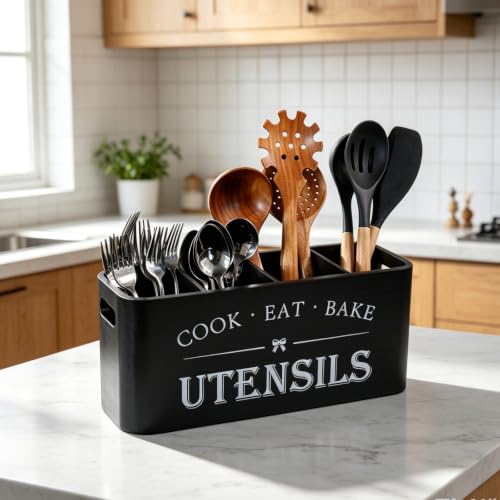 Image of Wooden Kitchen Utensil Holder Organizer for Counter or Countertop, Large Wooden Utensil Holder for Storage Cooking and Silverware with 4 Compartment,Rustic Wood Container Extra Large