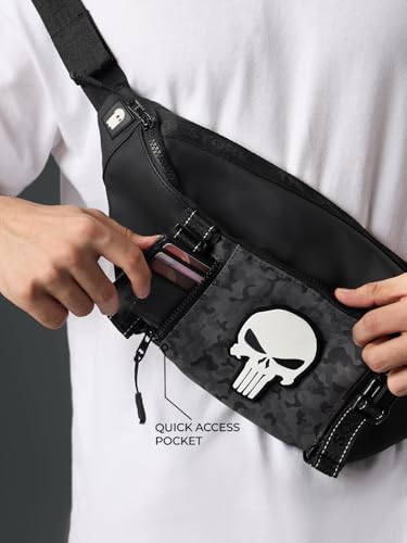 Image of The Souled Store Marvel Punisher Utility Gear Fanny Pack Crossbody Sling Bag 4L Spacious Durable PU with Adjustable Strap Travel Daily Use Waist Bag for Men and Women