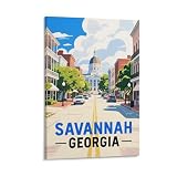 Poster de voyage vintage Savannah Georgia - 20 x 30 cm - Décoration murale sur toile pour salon, chambre à coucher