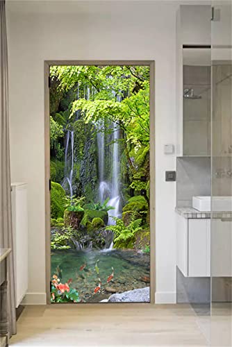 Artfanke 3D Peel And Stick Door Sticker Green Forest Waterfall - Self-Adhesive Door Wallpaper For Living Room - Waterproof Door Murals Decal For Bedroom Home Decor 30.3"X78.7" #TOP1