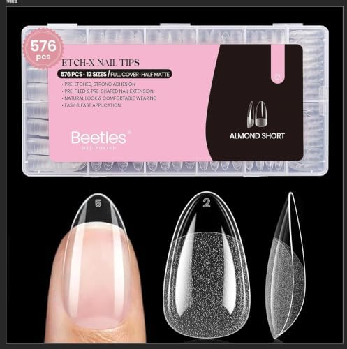 Beetles Gel Nail Tips 576Pcs Short Almond Etch-X Nail Tips 12 Sizes