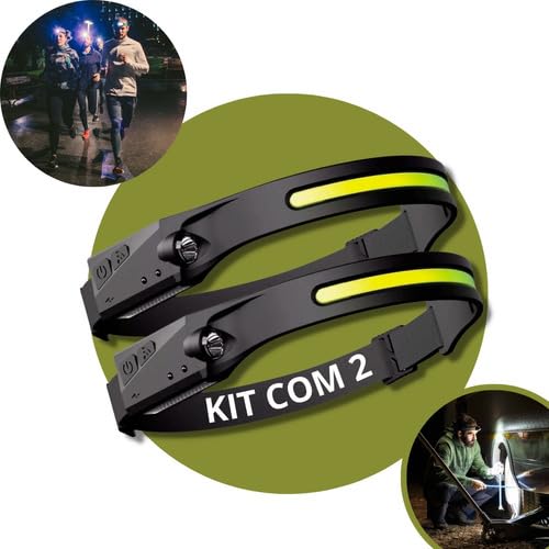Lanterna de Cabeça Kit com 2 Recarregável USB Led Fita Potente Forte com COB e Sensor Resistente à Á