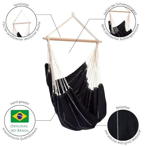 AMAZONAS Duży fotel wiszący wykonany ręcznie w Brazylii Brasil Black z poprzeczką z drewna bukowego FSC 110 cm do 150 kg czarny