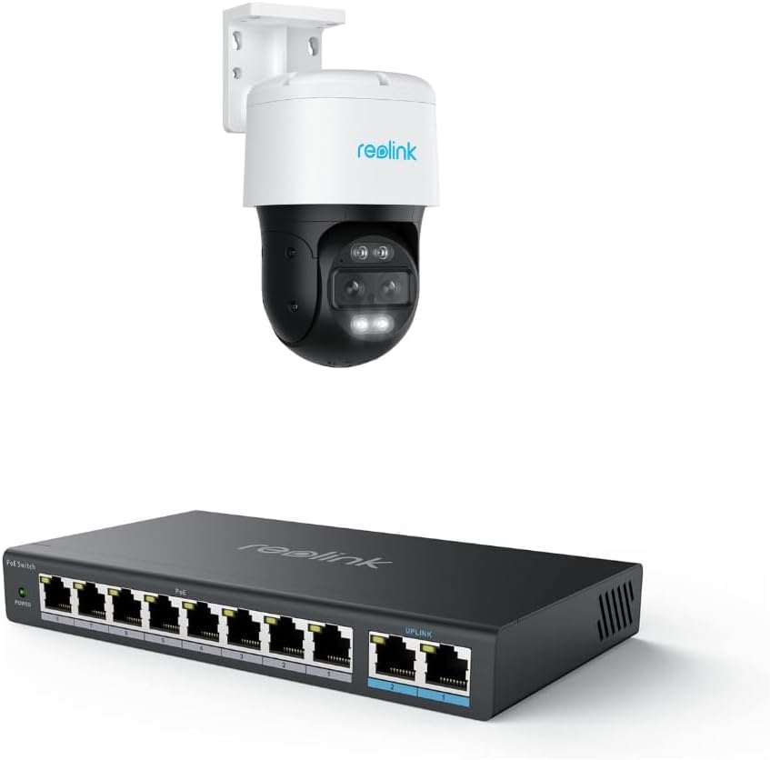 REOLINK 4K PTZ Security Cameras System, IP Outdoor Cameras, Trackmix PoE with 6X Hybrid Zoom, Auto Tracking, Human/Vehicle/Pet Detection Bundle 1x PoE Switch