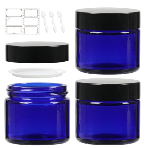 2 oz Blue Round Glass Jars, Pack of 3 with Black Lids, Cosmetics Containers for Face Cream Lotion, Powder, Candle, Spice, Body Butter