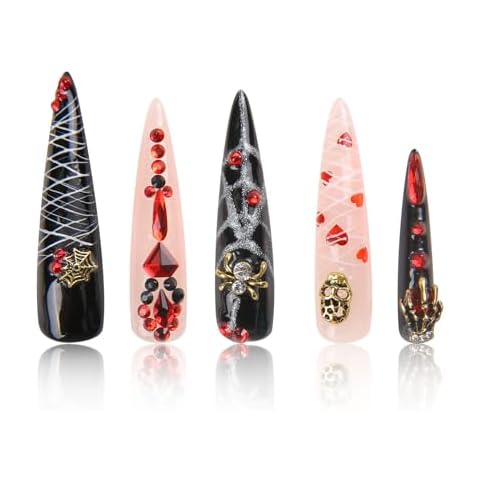 LOVFUL Press on Nails Halloween Bleeding Love | Handmade with Full Covered Crystals | Reusable Fake Nails | Stiletto Long 2.2 in | H42-M Cover