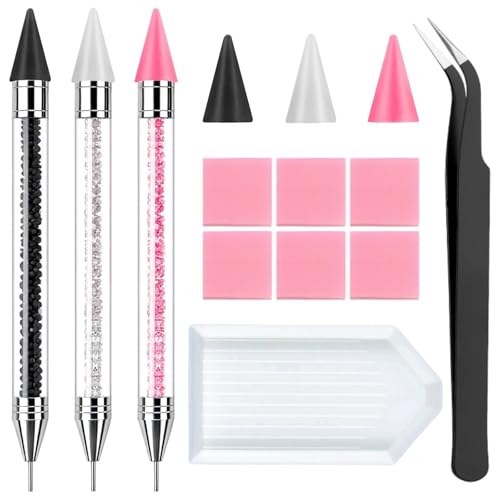 3 Pack Rhinestone Picker Tool Dotting Pen with 3 Wax Tips and Tray, Wax Pencil for Rhinestones, Gem Picker Pen Diamond Jewel Applicator, Rhinestone Tools Kit for Bedazzling DIY Nail Art