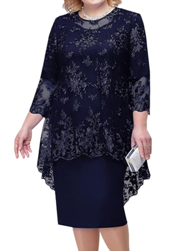 shownicer Vestito Due Pezzi Donna Elegante Ricami Pizzo Vestiti Manica 3/4 Taglie Forti Vestito da Sera Cerimonia Cocktail Abiti al Ginocchio A Marina XXL