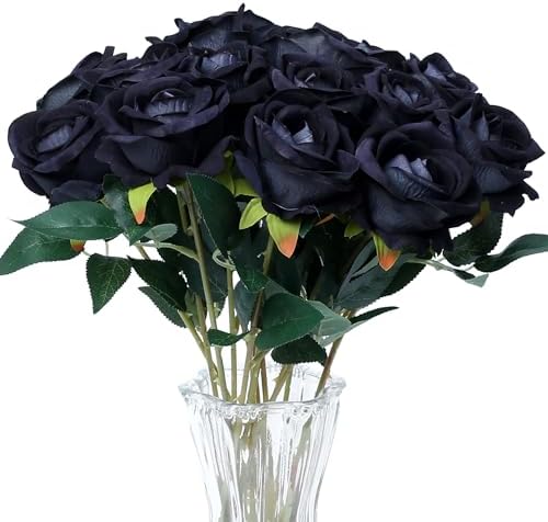 Amazon.com: Laelfe 12 PCS Artificial Flowers Black Roses, Fake Silk ...