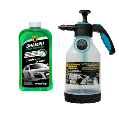 SPSIL Pack Lavado de Coche-Champú Concentrado pH Neutro con Espuma Activa Notas De Hierbas 1000ml + Pulverizador de Espuma 2L,Kit Completo para Limpieza Profesional en Coches y Motos