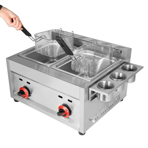 Loyalheartdy Commercial Gas Deep Fryer 12L Countertop Stainless Steel Dual Tank Kitchen Frying Machine W/2 Removable Baskets & Lid thumb #1