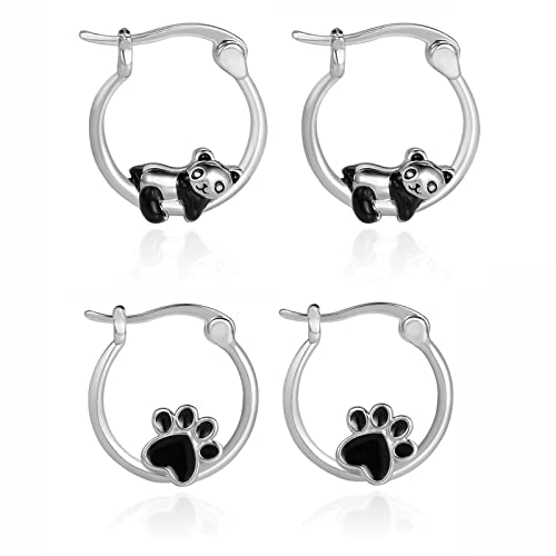 Spiritlele 2 Pairs Panda Earrings Animal Puppy Dog Cat Pet Paw Print Hoop Earrings Small Hoop Earrings Set For Women Girls #TOP13