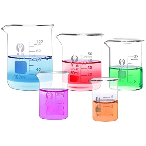 Mutiwill 5PCS Glass Beaker Set Transparent Low Activity Graduated Measuring Cup 5ml 10ml 25ml 50ml 100ml Borosilicate Graduated Beaker for Laboratory or Kitchen Supplies Cover
