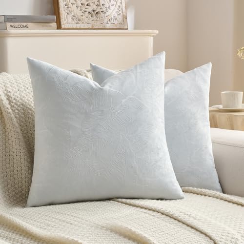 Image of FUTEI Pack of 2 Velvet Throw Pillow Covers 22x22 Inch Soft Embossed Leaf-Relief Textured Decorative Cushion Cases Modern Natural Farmhouse Accent for Couch Bed Living Room, Light Blue