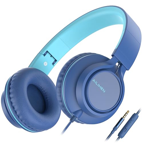 Image of AILIHEN C8 Headphones Wired, On-Ear Headphones with Microphone and Volume Control, Corded 3.5mm Headset for Boys Girl School Smartphones Chromebook Laptop Computer Tablets Airplane Travel (Indigo)