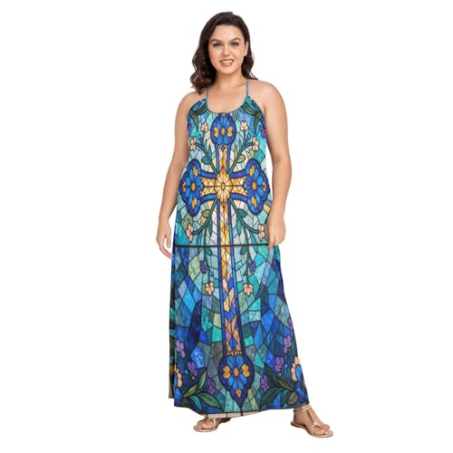 Robe caraco dos nu fluide vitrail croix chrétienne bleu pour femme taille M - 5