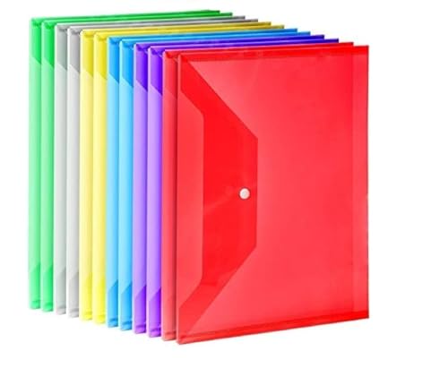 Image of Transparent Document Folder - Side Opening Colored Poly-Plastic File Storage Bag with Snap Button - A4 & Legal Size Document Folder for Certificates, Plastic File Organizer - Set of 5