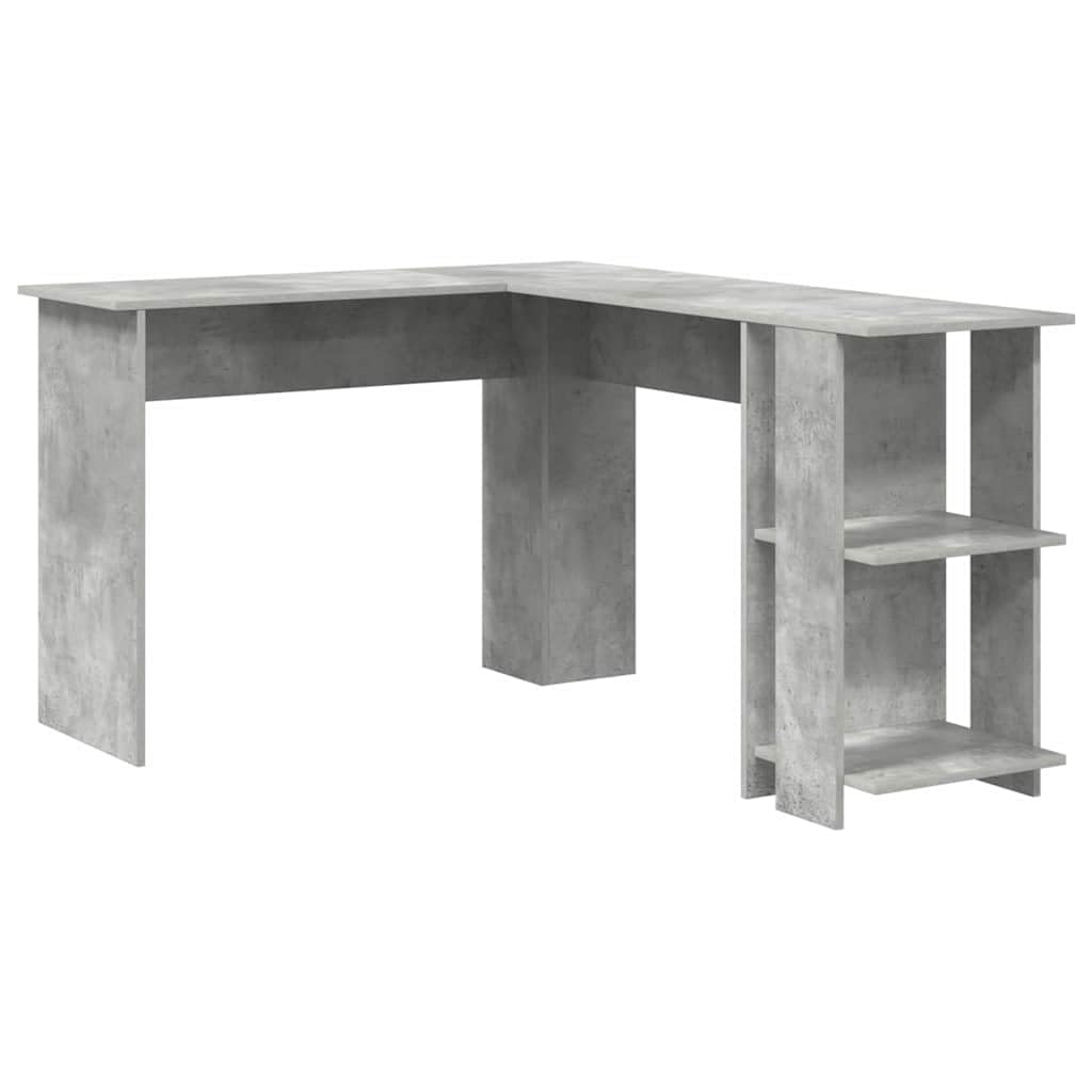 Scrivania angolare grigio cemento, 140 x 113,5 x 75 cm, in legno con 2 ripiani, moderna scrivania da ufficio per casa e studenti, tavolo da lavoro compatto per un uso efficiente
