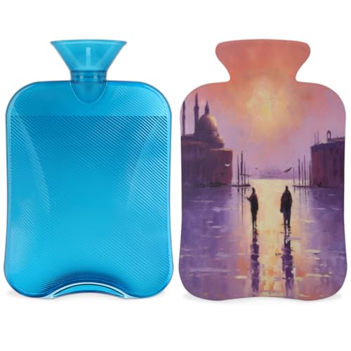 Hot Water Bottle with Soft Cover,2L Oil Painting City Hot Water Bag for Hot and Cold Compress, Hand Feet Warmer, Sunset City Rubber Hot or Cold Water Bottle Halloween Christmas Decorations