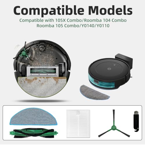 Image of 21 Pcs Replacement Parts Accessories Compatible with iRobot Roomba 105X Combo,104 Combo, 105 Combo,Y0140, Y0110 Robot Vacuum, 2 Roller Brush, 6 Hepa Filters, 6 Side Brushes,6 Mop Pads,1 Cleaning Brush