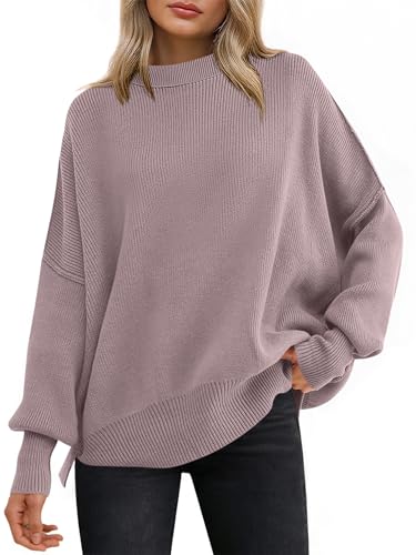 ANRABESS Women Oversized Sweaters Batwing Long Sleeve 2025 Fall Outfits Crewneck Casual Knit Side Slit Fashion Pullover Top Pink Apricot Medium